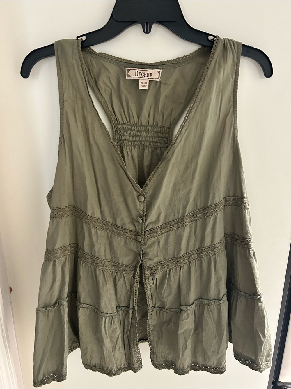 Decree Olive Green Boho Cotta Peplum Tank Top XL Lace Trim Button Front India